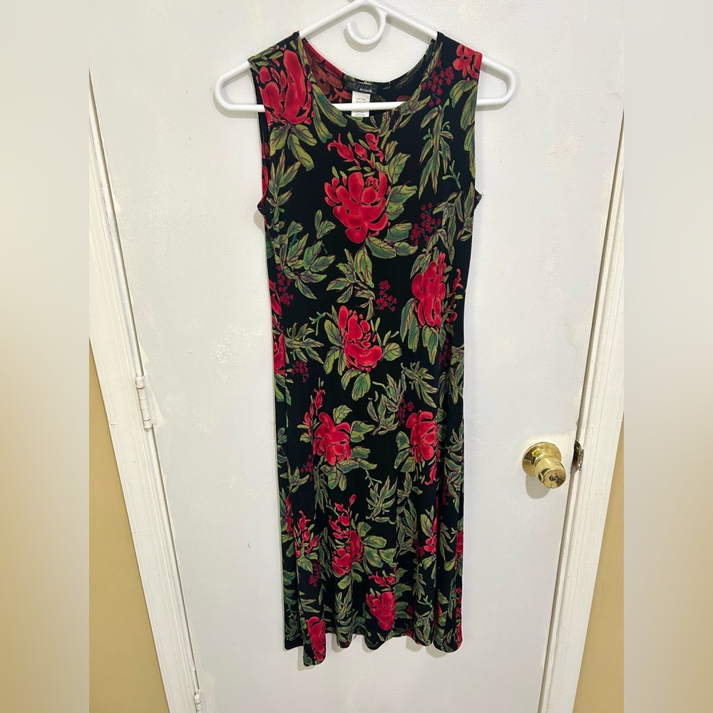 Vintage 90s Dark Floral Midi Dress Sleeveless Size Small Romantic Whimsy